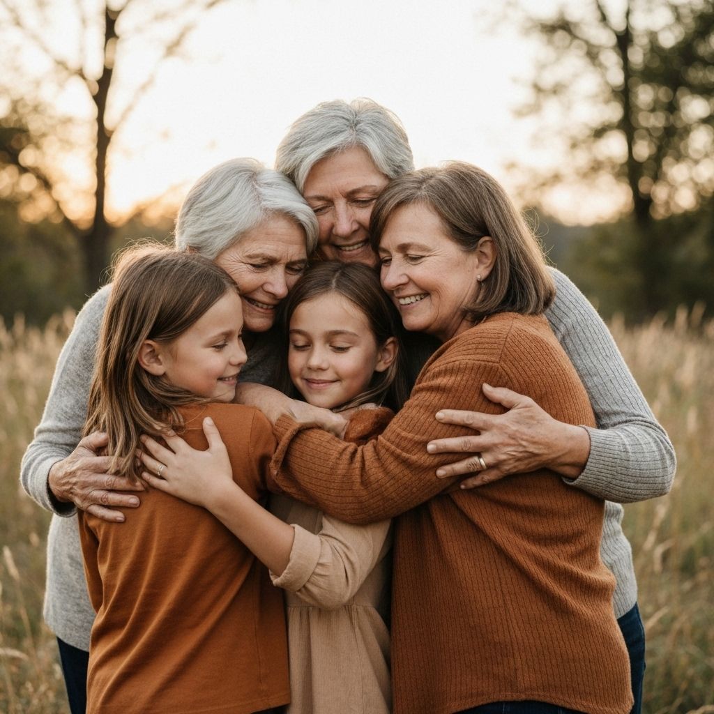 Family embracing outdoors